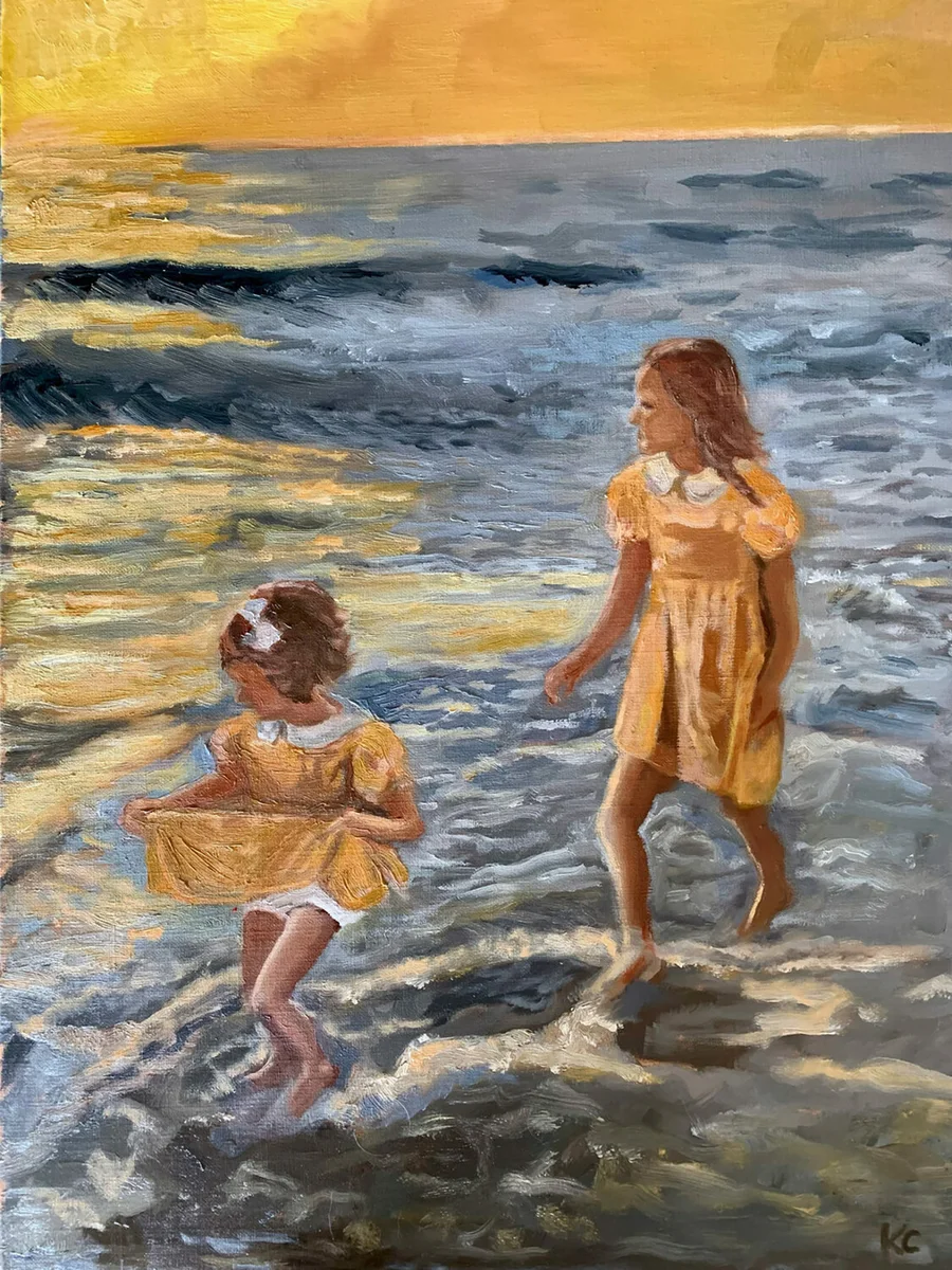 Two girls in yellow dresses in shallow blue-gray water beneath a yellow sky.
