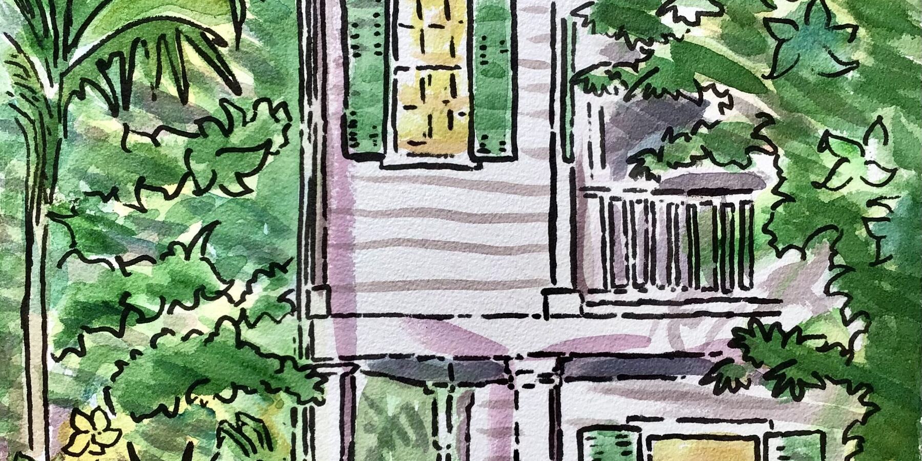 Painting of the Audubon House at dusk, its windows warm against deep green foliage.