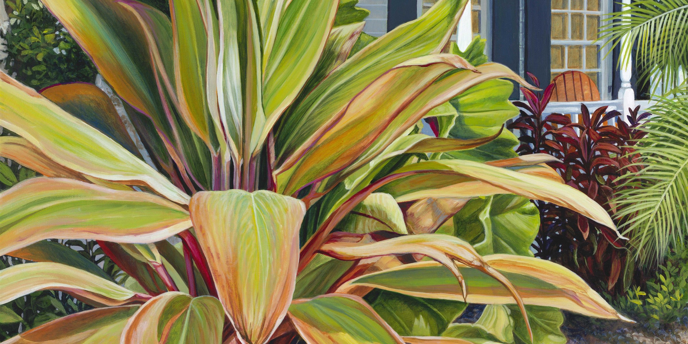 Painting of a multi-colored ti plant in the foreground against a white Key West conch cottage.
