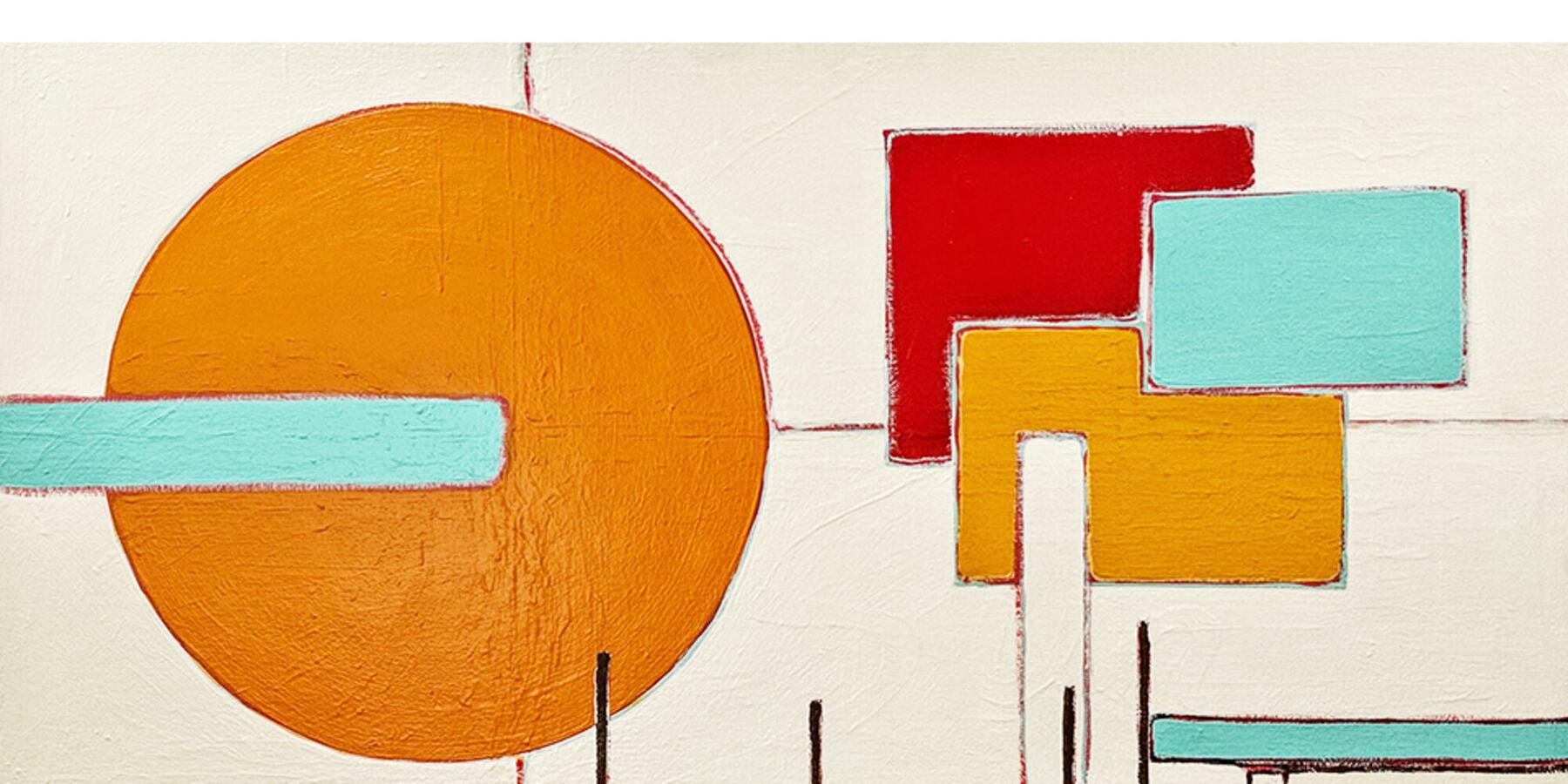 An abstract composition: a large orange disc beside stacked rectangles of red, turquoise and yellow on a pale ground.