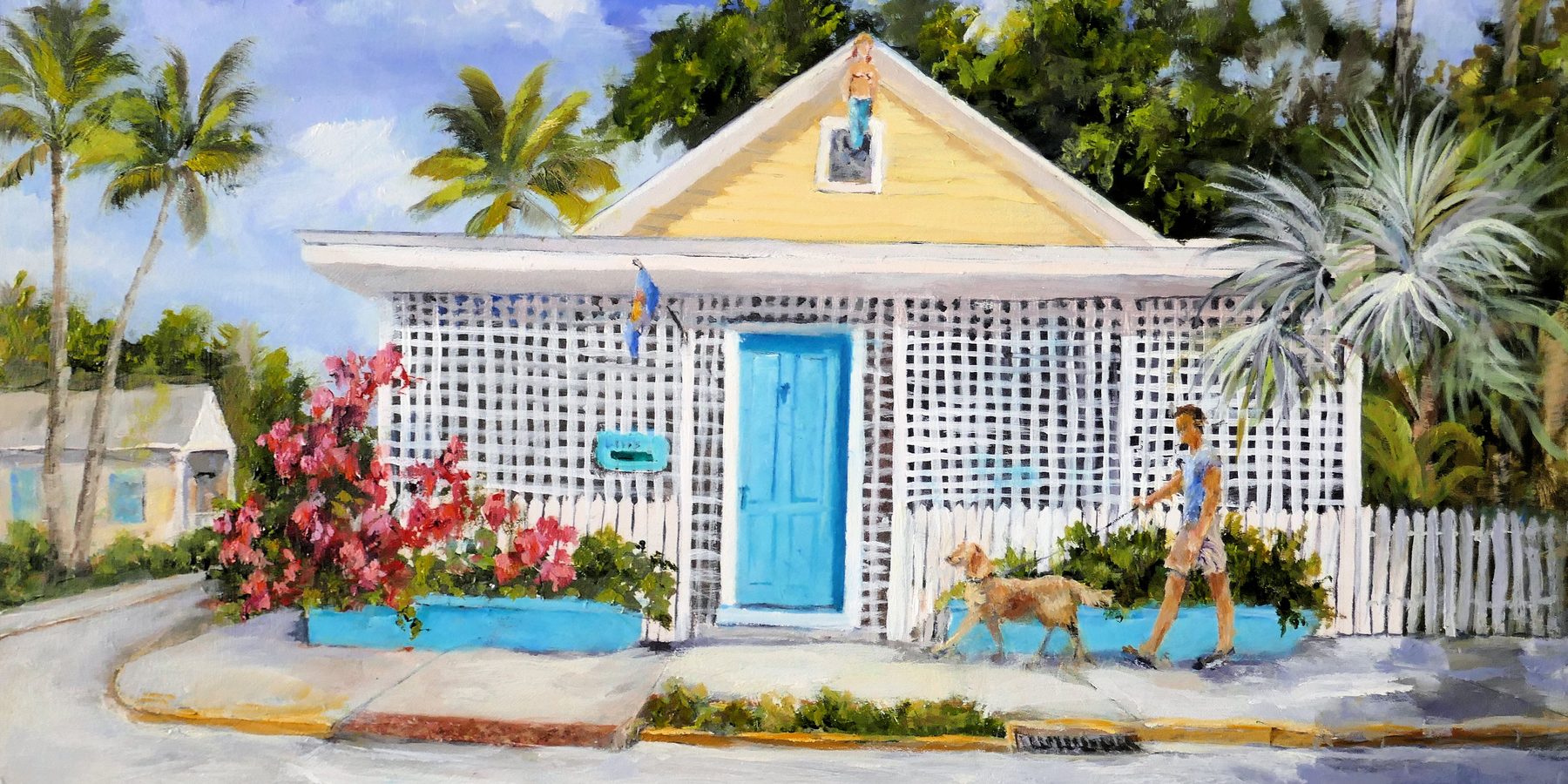 Painting of a yellow and white conch cottage with a bright blue door, bougainvillea spilling over a turquoise planter, a carved mermaid at the gable, and a man walking his dog past the picket fence.