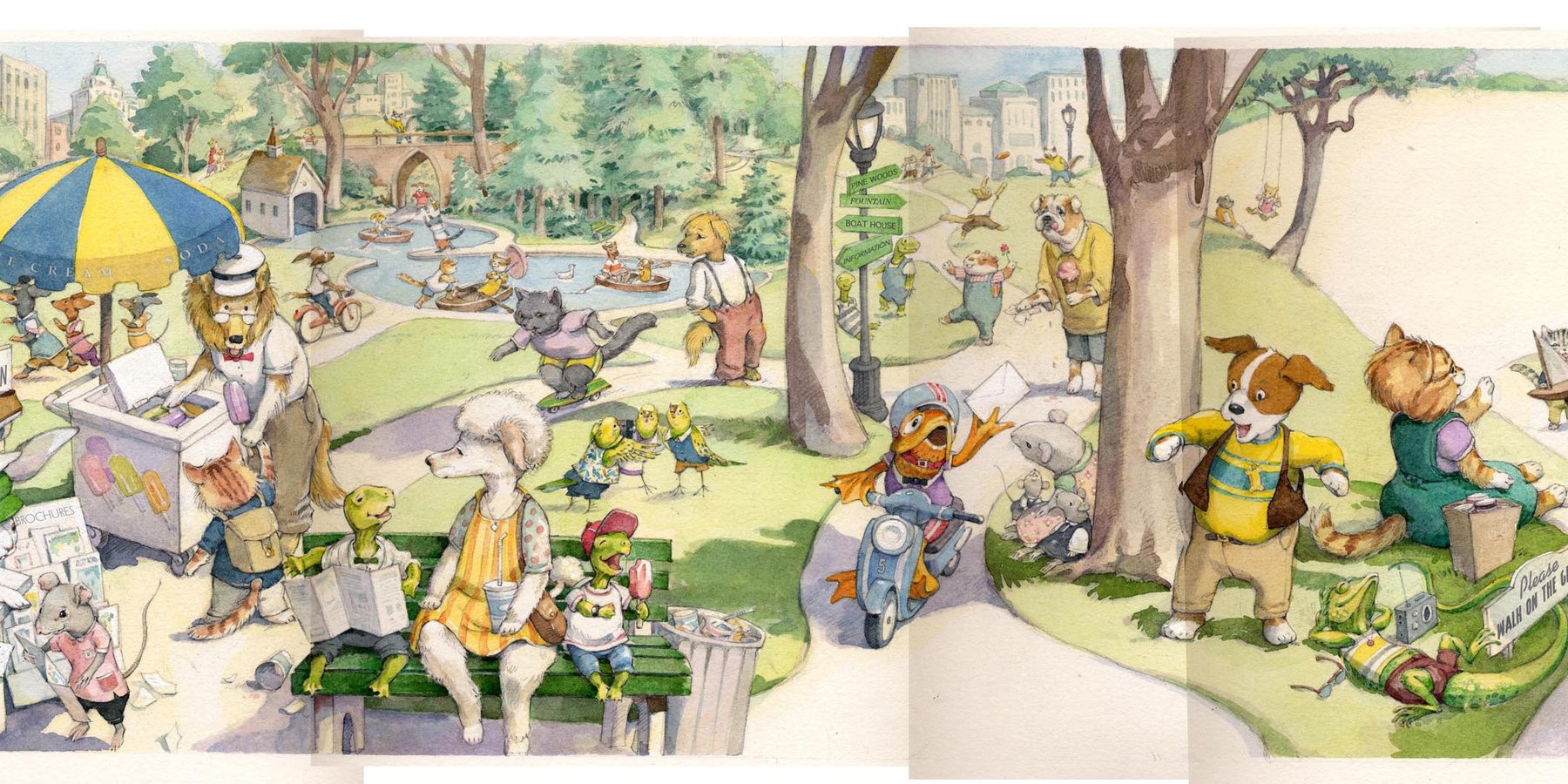 Watercolor of a busy park crowded with animal characters: a poodle and lizards reading on a bench, a dog riding a scooter, an ice cream cart, boats on a pond, and a sign reading Please Walk on the Grass.