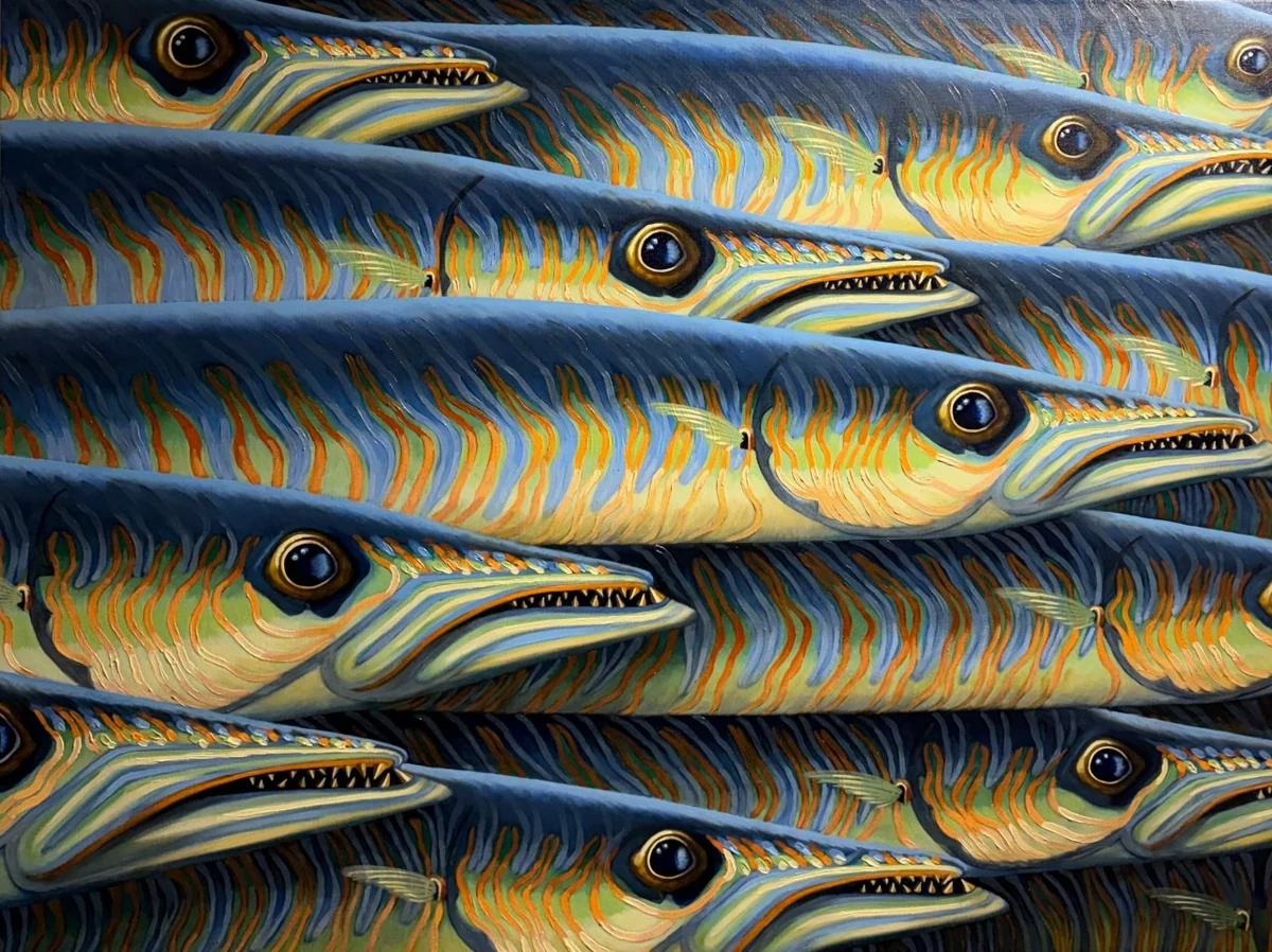 Tropical Convergence, oil painting of a school of barracuda with orange and blue striping, Collection KeyWest