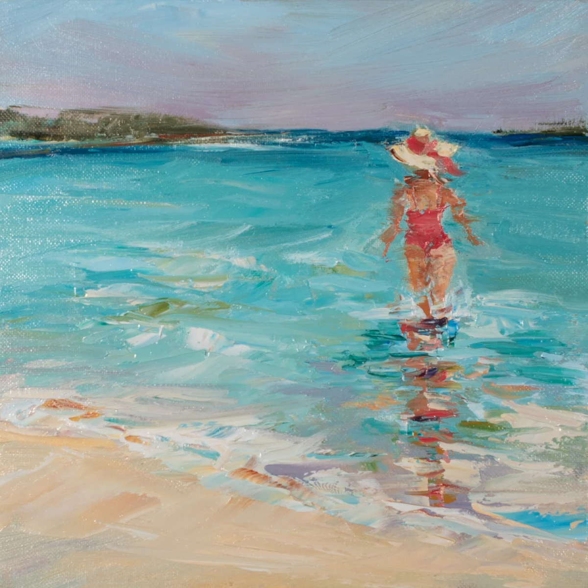 Beyond the Shallows, oil painting of a figure in a wide-brimmed hat wading into turquoise shallow water