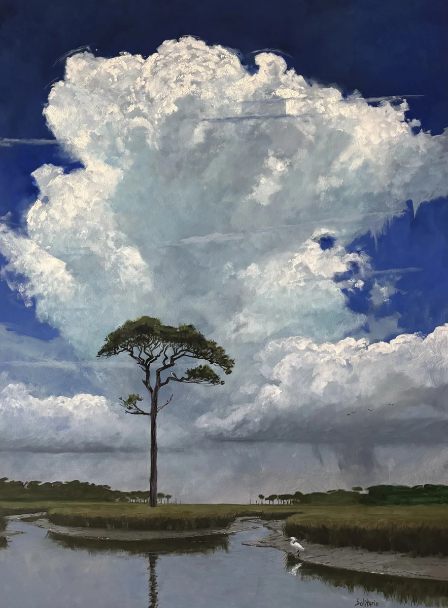 Lollipop Pine and the Thunderhead, oil, a lone pine on a marsh spit beneath a towering white cumulus, with an egret in the foreground water