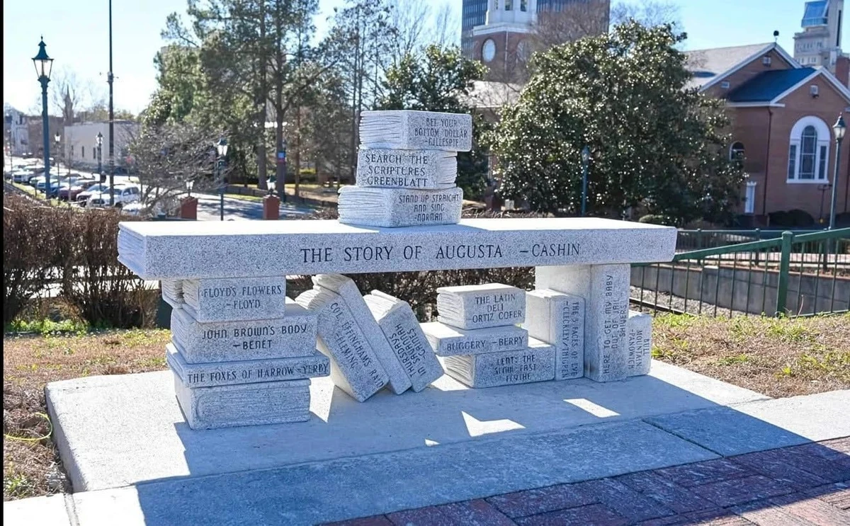 The Story of Augusta, carved granite bench