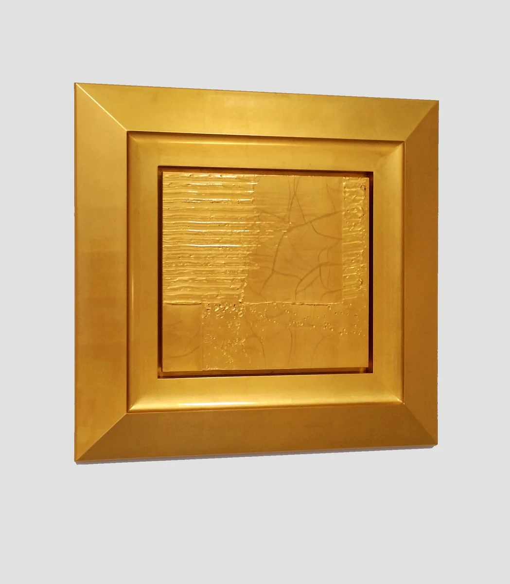 Craquelure Detail Painting #1, a square gilded gold panel in a heavy gold frame