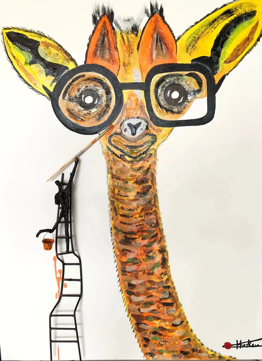 Acrylic and resin painting of a giraffe wearing the artist's black eyeglasses, with a 3D sculpted painter on a ladder at its neck, 48 x 36 inches