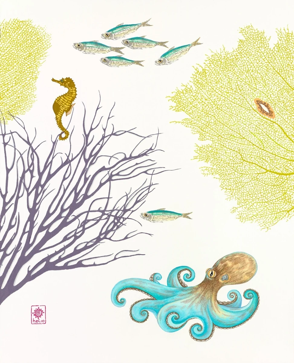 "Feeling Blue: Caribbean reef octopus" - a turquoise octopus below sea fan and coral nature prints, with a seahorse, silversides and a flamingo tongue cowrie