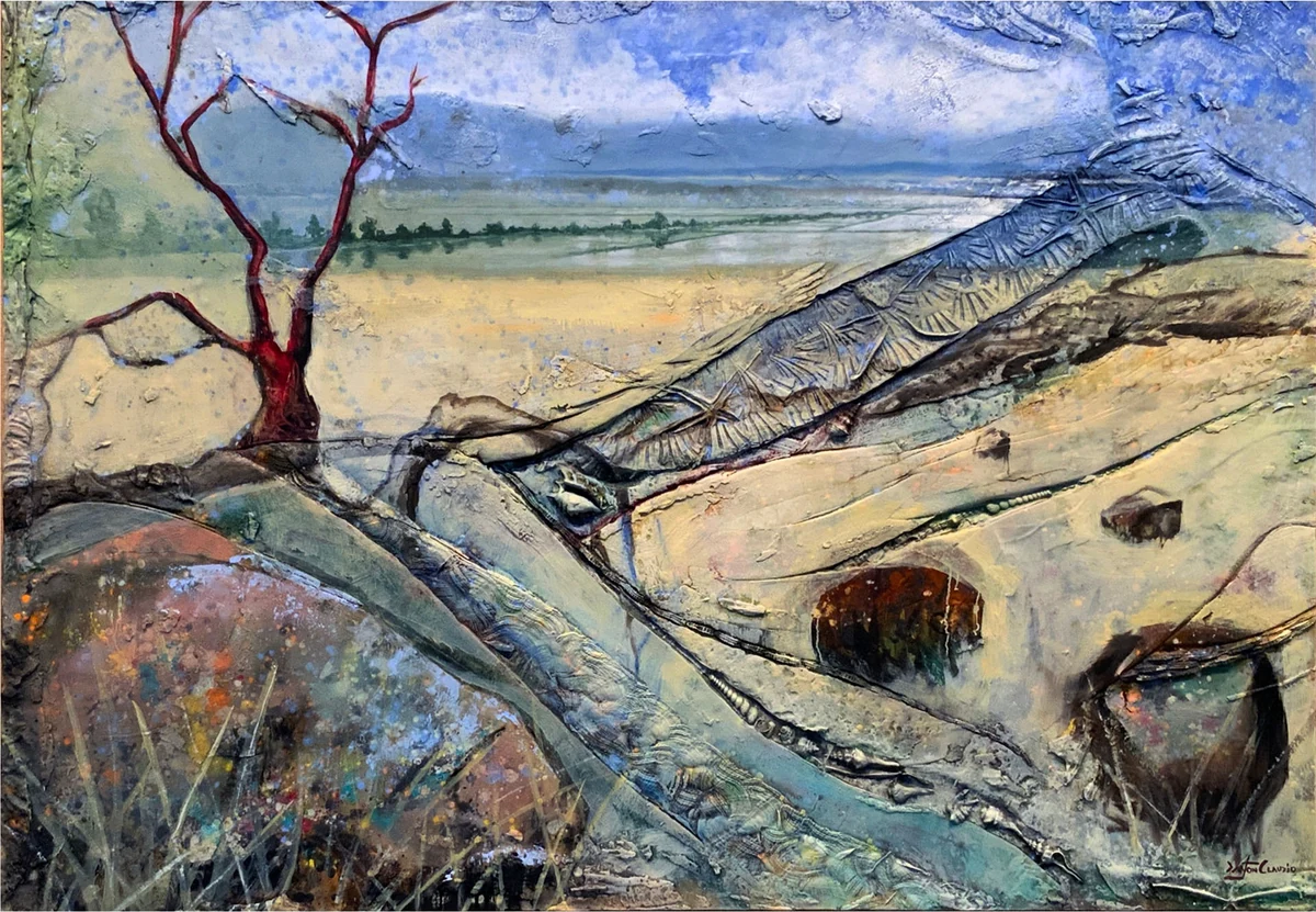 Landscape 74, 52 x 74 inches: a textured cast and painted landscape of a bare red tree on pale eroded ground above a green valley, signed lower right
