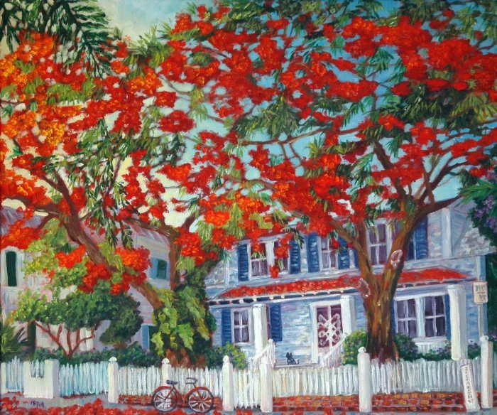 "Elizabeth Street Poinciana" - acrylic painting of a blue-shuttered Key West conch house behind a white picket fence under a royal poinciana in full red bloom, with a red bicycle a