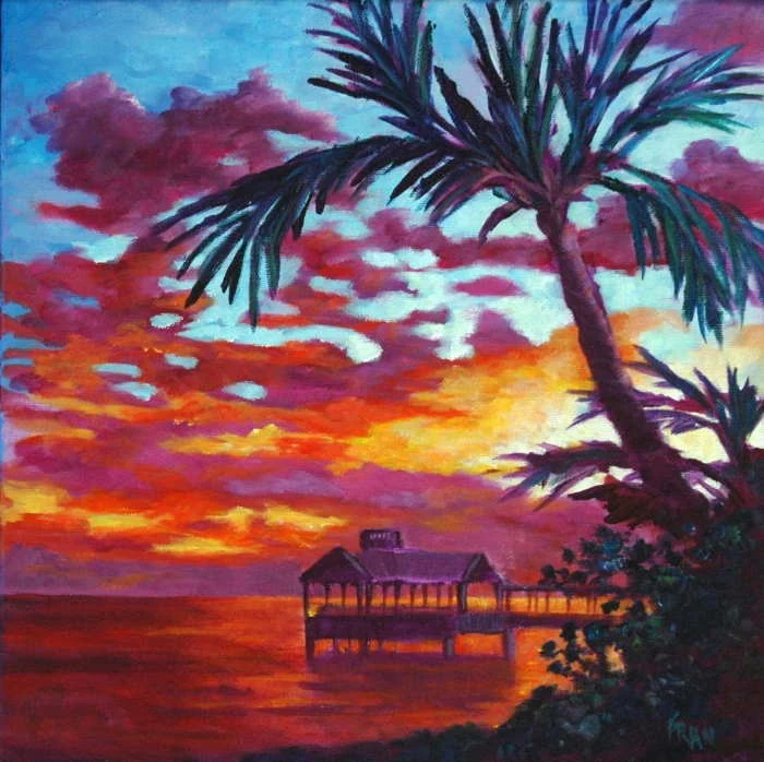 "Sunset at Louie's" - acrylic painting of a crimson and gold Key West sunset over the water, a palm leaning across the sky and the lit deck of Louie's Backyard on the shore