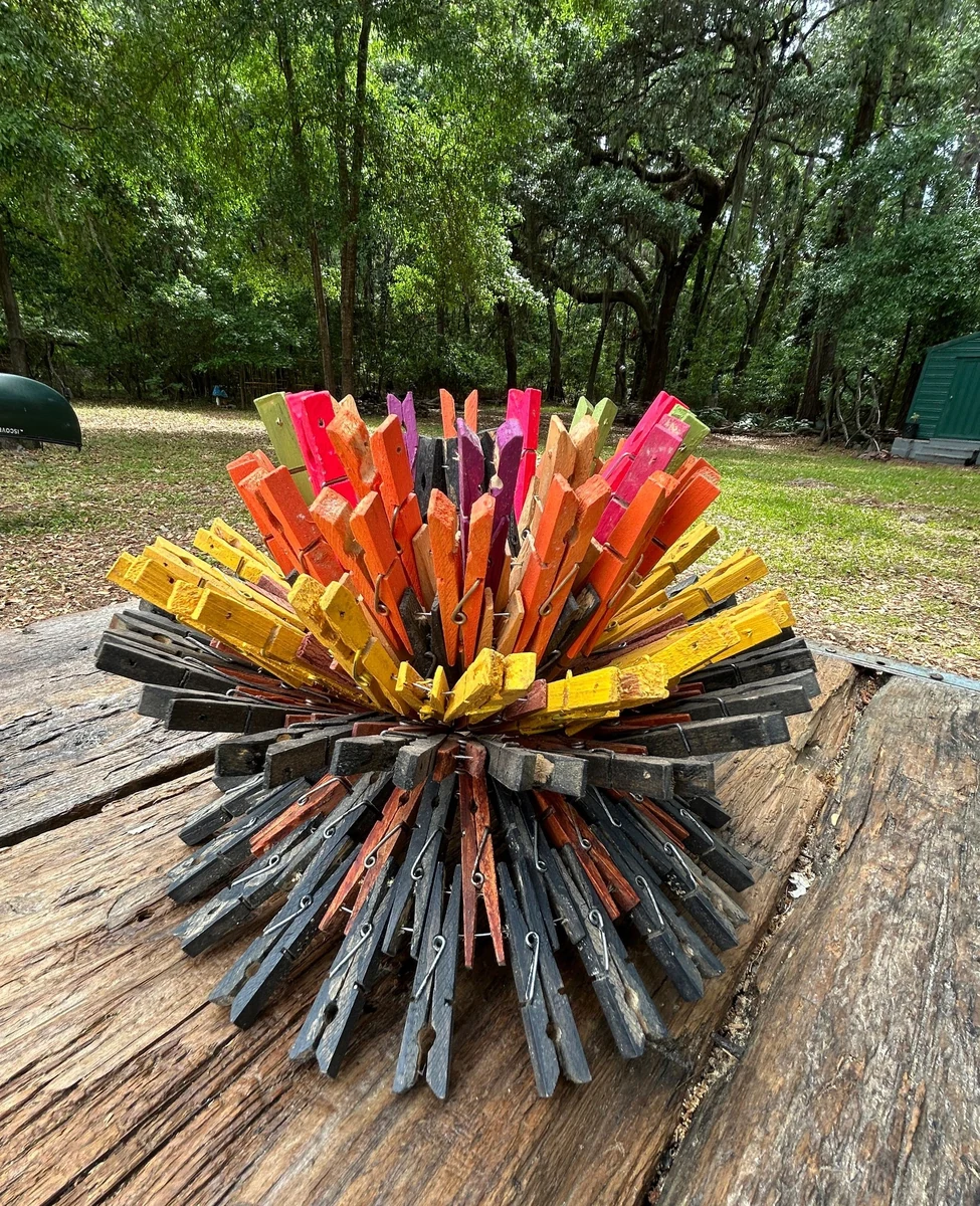 Summer Flos, 2025, tabletop sculpture of painted wood clothespins and galvanized wire, on a log outdoors