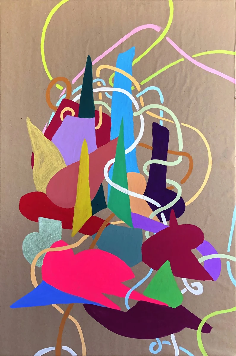 Kill Your Idol, gouache and paper on canvas, 2018: layered flat color shapes and looping painted lines on a kraft-brown ground