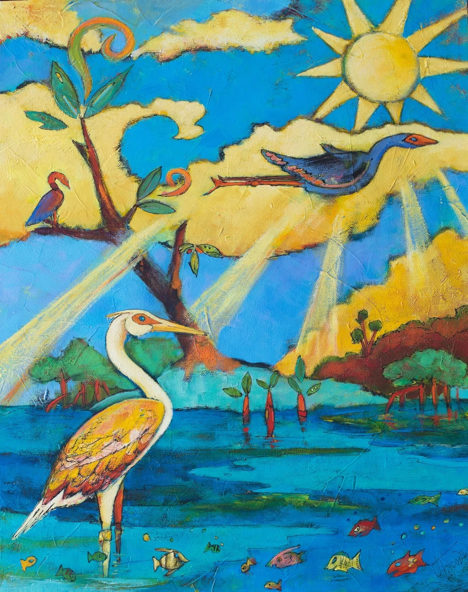 "Red Fish Blue Fish", acrylic: a heron standing in shallow water under a rayed sun, reef fish below