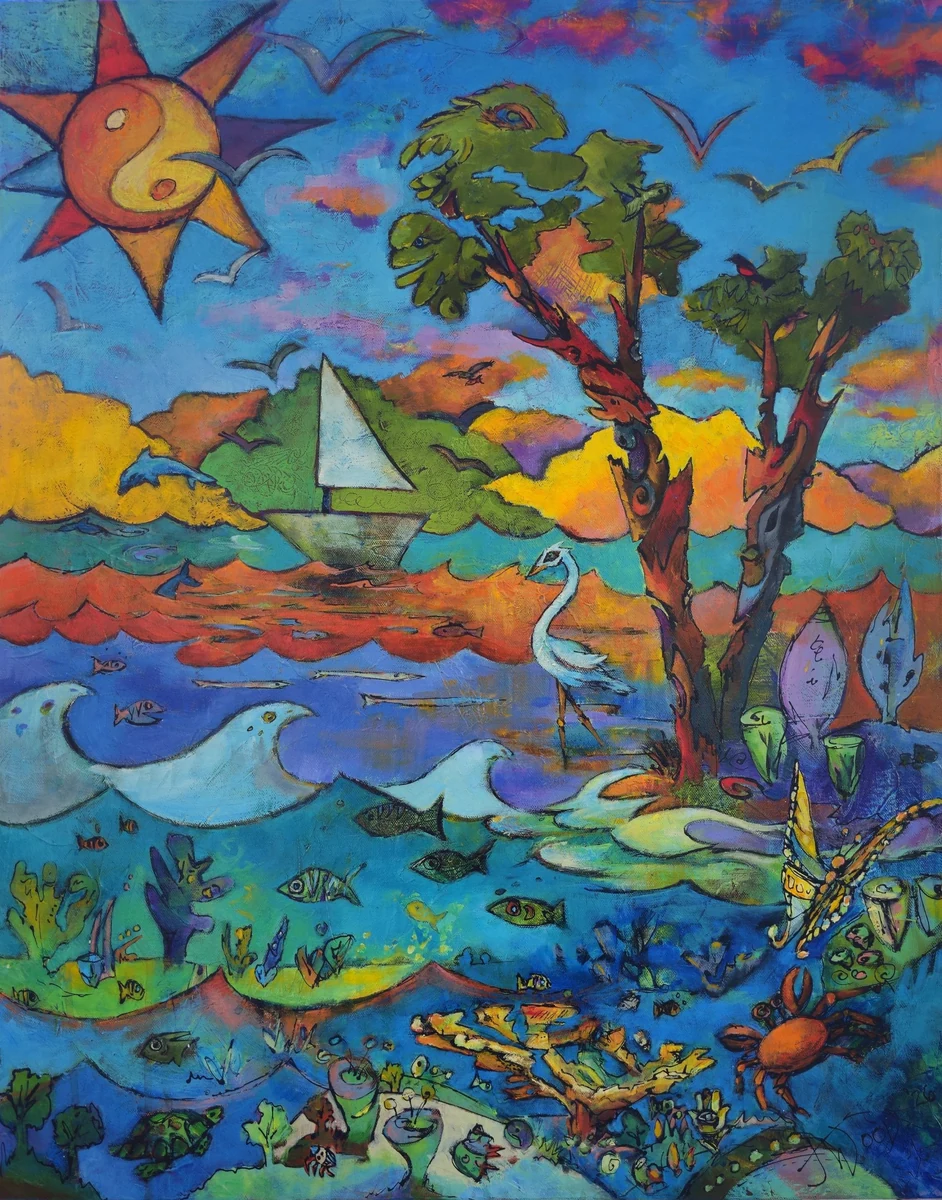 "Zen Sunset", acrylic: a yin-yang sun over a Keys shoreline with an egret, sailboat, mangroves and fish