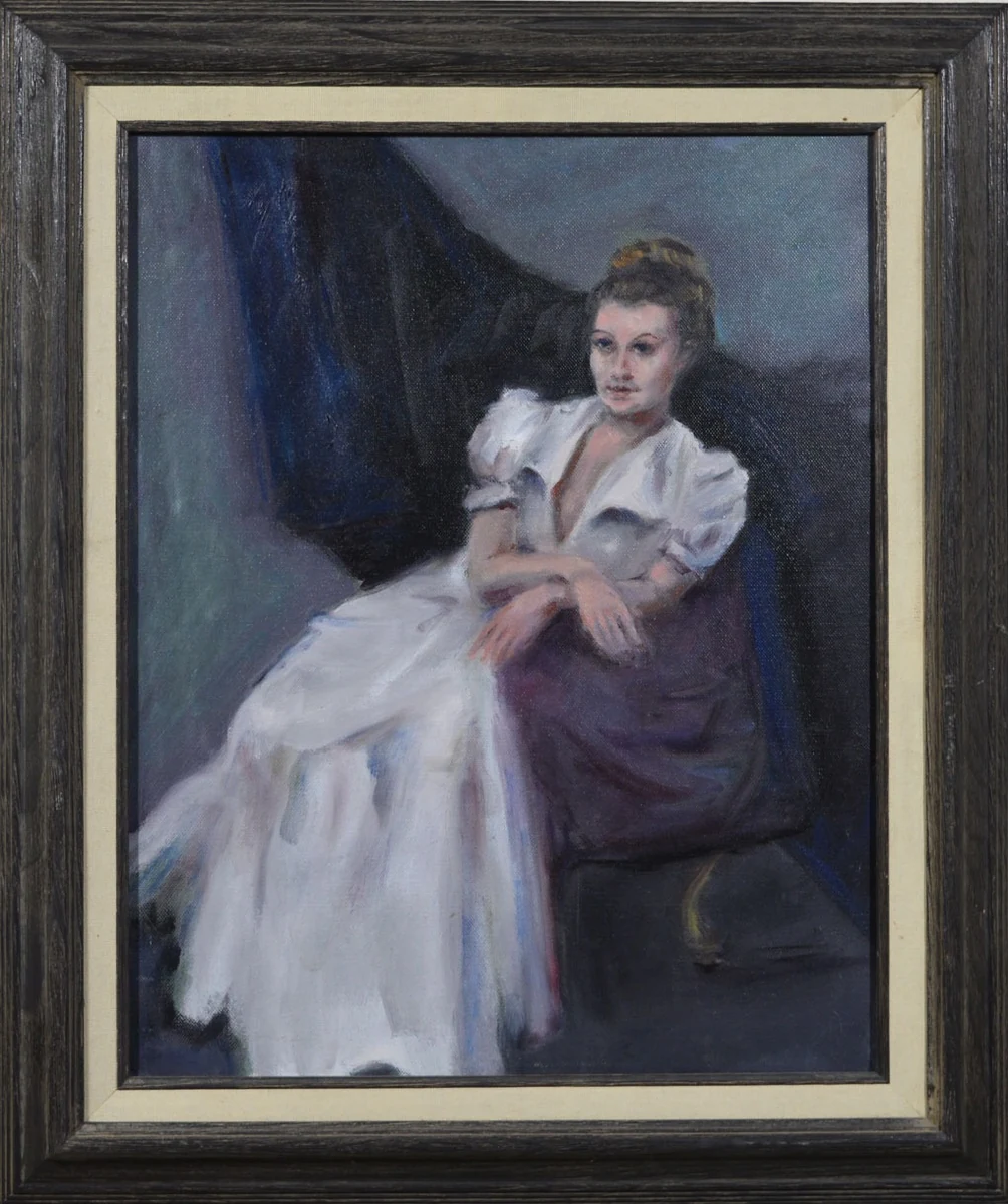 Classic Pose, framed oil portrait of a seated woman in a white dress, 16 by 20 inches