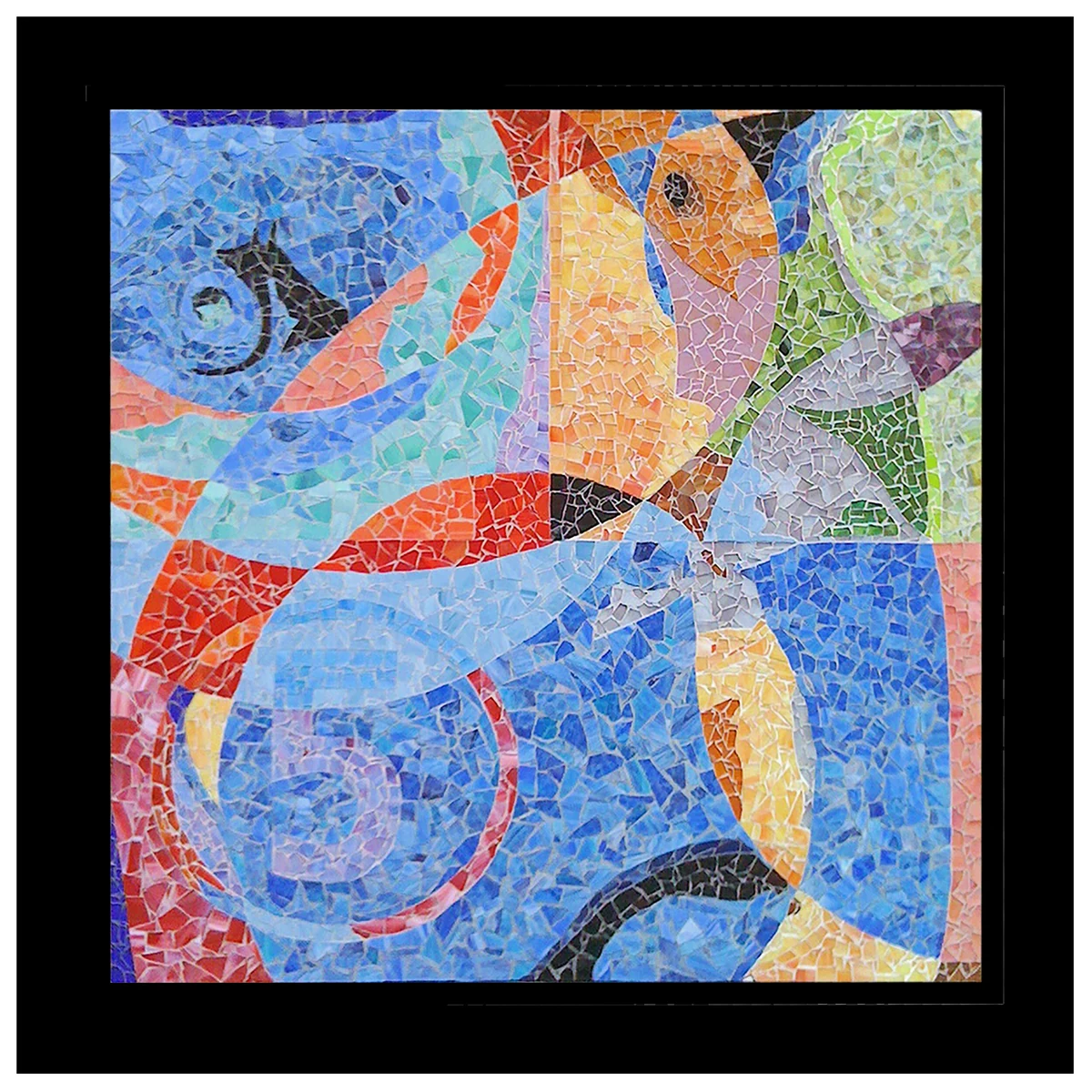 La Race, a framed abstract glass mosaic of interlocking curved forms in blue, orange, red and green