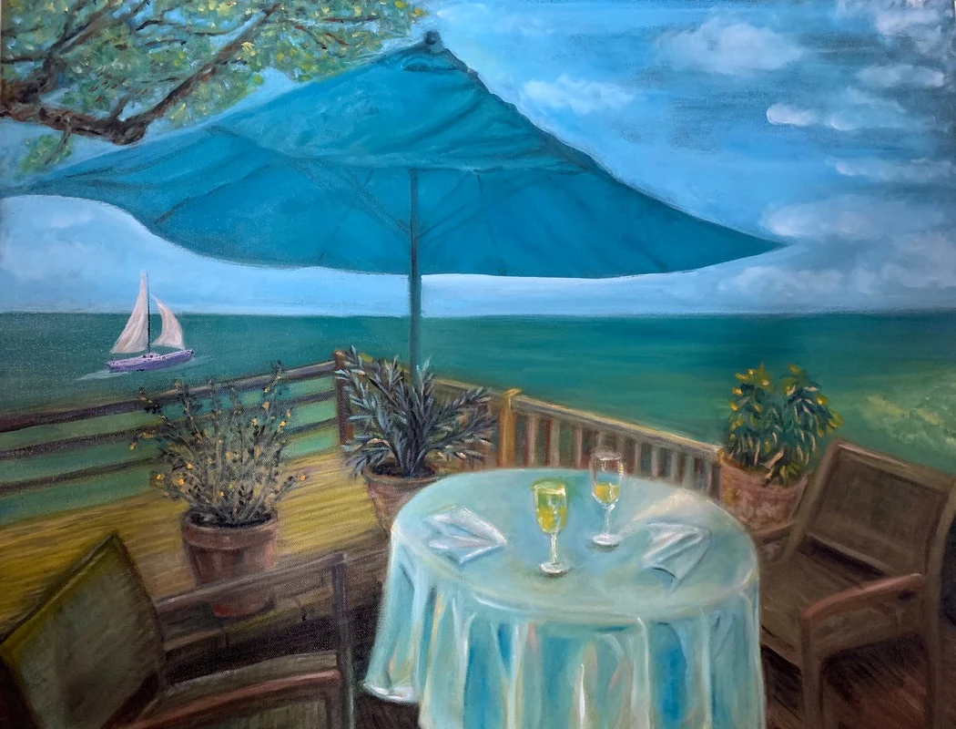 Louie's Backyard, oil on canvas, 20 x 30 inches: a set table under a blue umbrella on a deck above the water, sailboat beyond