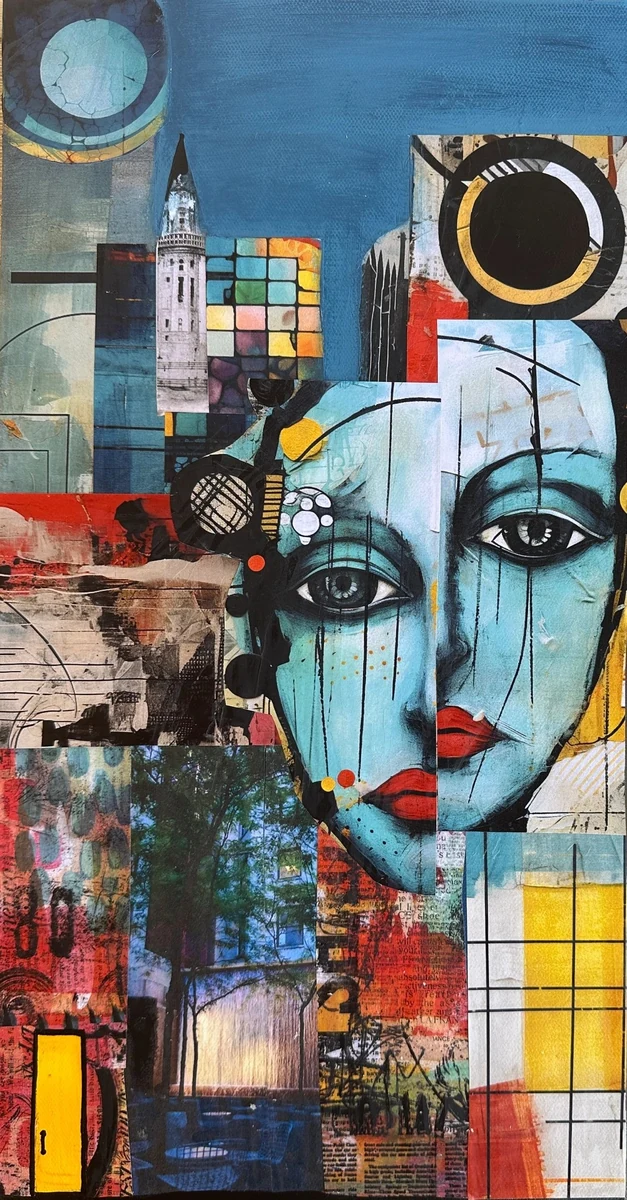 Uptown Girl, acrylic and collage: a pale blue stylized face with red lips set into a patchwork of New York City fragments, a clock tower, windows and a black-and-gold circle