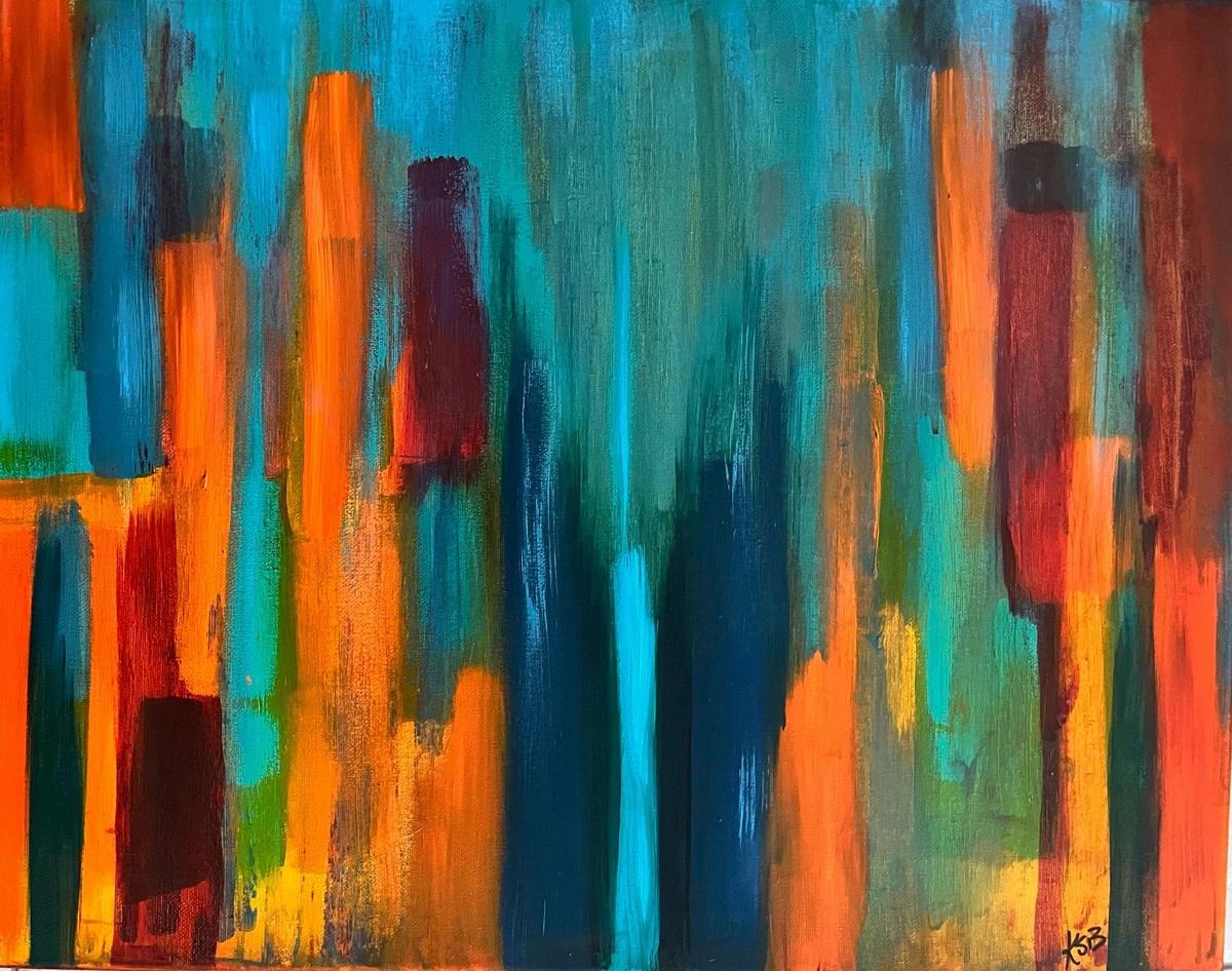 Urban Color, an abstract acrylic of layered vertical bands in orange, teal, deep blue and red that read as a skyline dissolved into color