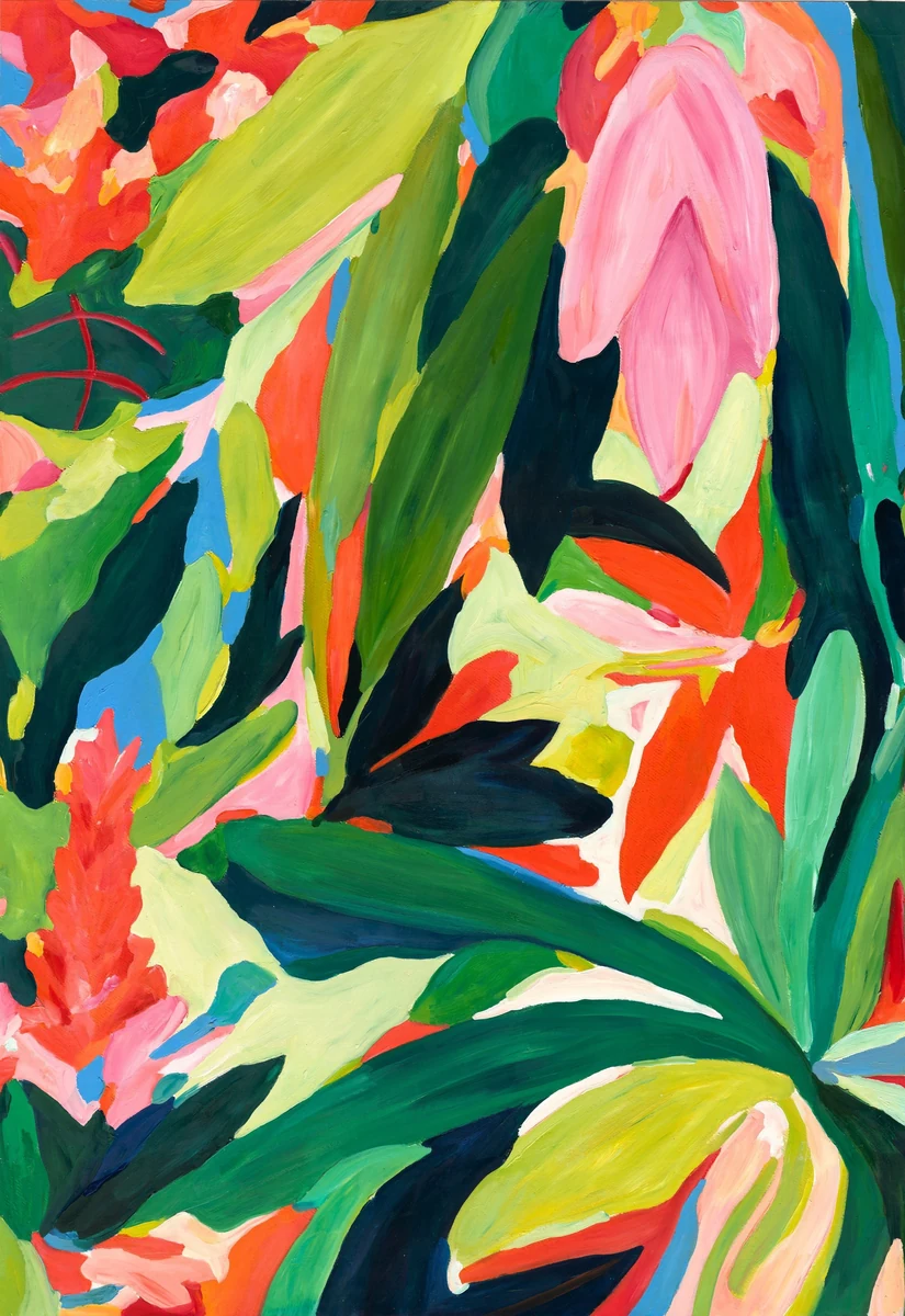 Abstracted tropical foliage painting in hot pink, scarlet and layered greens against blue sky, full bleed