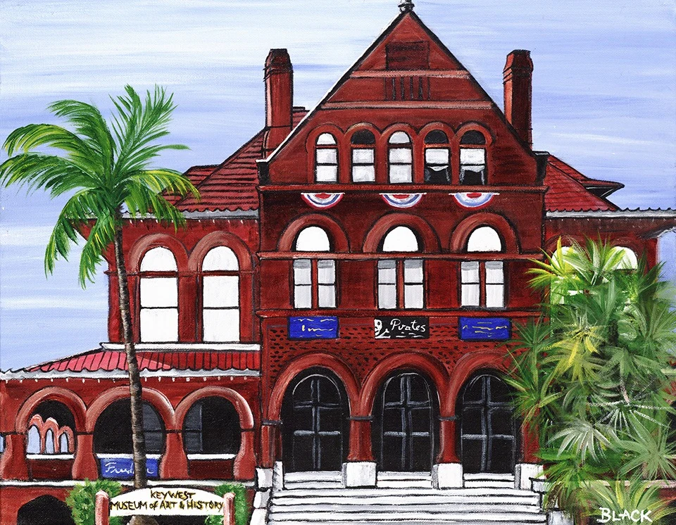 Custom House, acrylic painting of the red brick Key West Museum of Art & History with palms