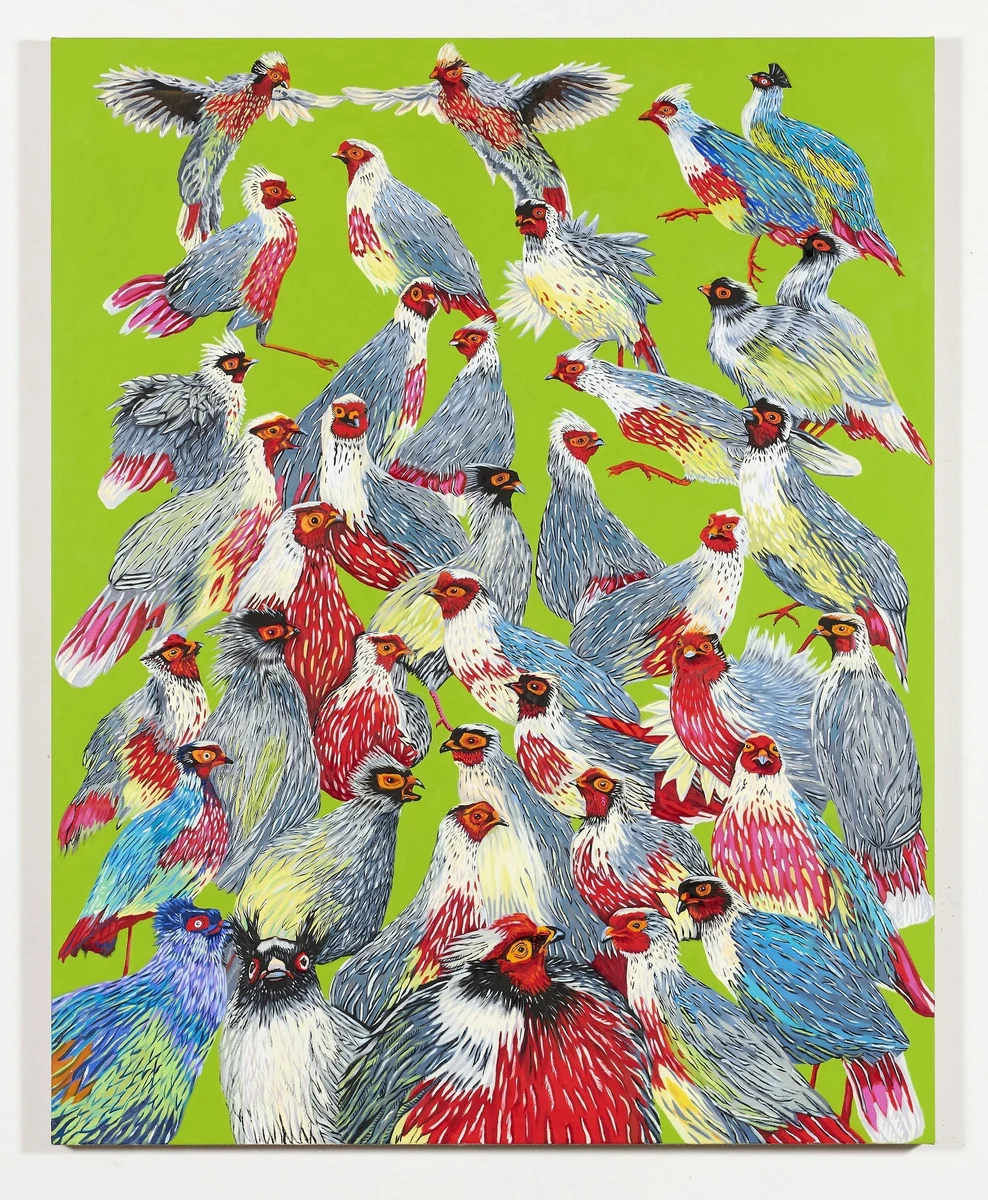 Crimes of Passion, oil on linen, 60 x 48 inches, 2026. A massed flock of roosters and hens against a bright green ground.