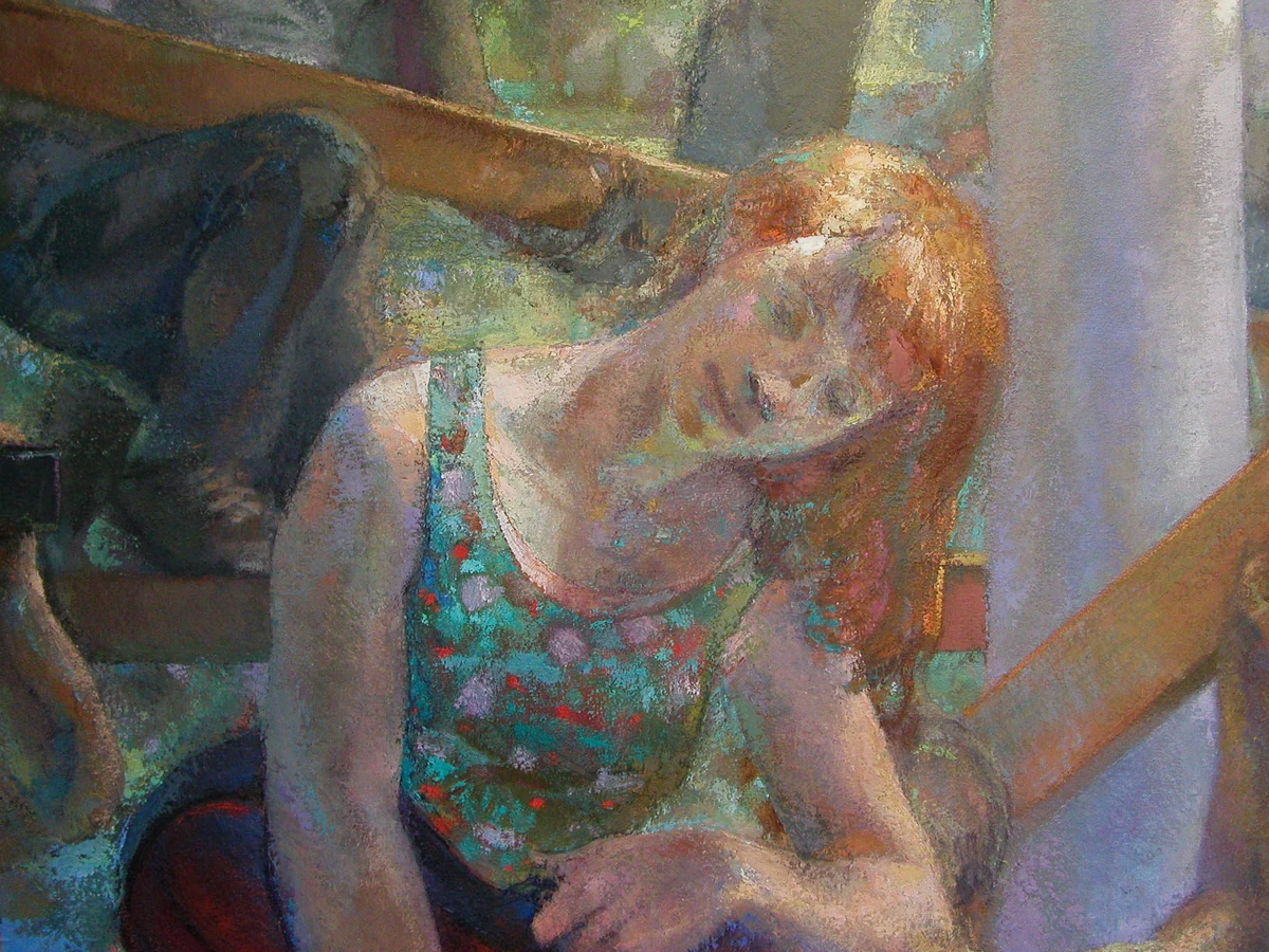 Life-sized detail from Perry's University of Virginia mural cycle: a seated young woman resting her head on her hand