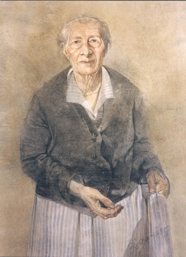 Portrait of an elderly woman in a dark cardigan and striped skirt, drawn in charcoal and chalk on toned ground, signed lower right