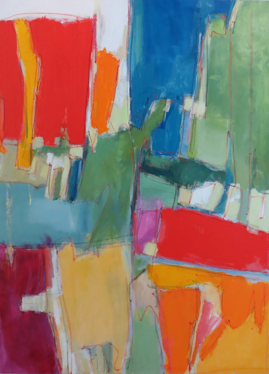 Garden Variety, a large vertical abstract painting in blocks of red, orange, marigold, blue and soft green with drawn line