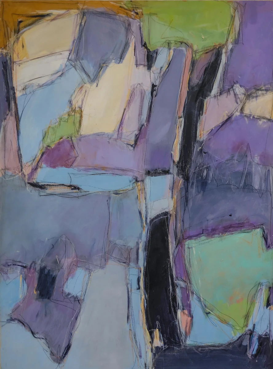 Passages, a vertical abstract expressionist painting in lavender, pale blue, cream and green with black charcoal line