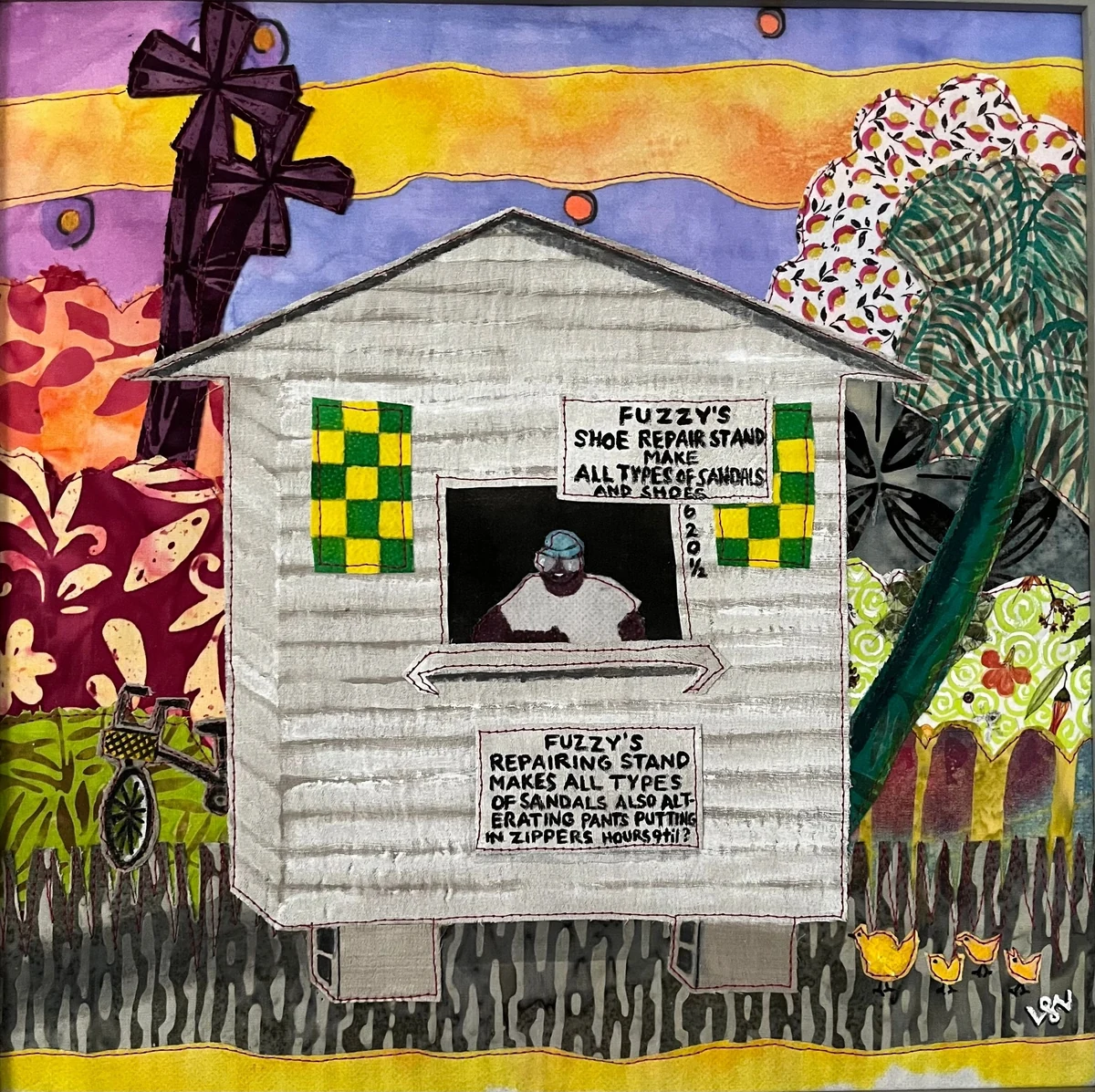 "Fuzzy's Shoe Repair Stand, 620-1/2 Petronia Street, Key West, circa 1988" - mixed-media sewn and painted hemp, silk, linen, cotton batik and Liberty of London lawn cotton
