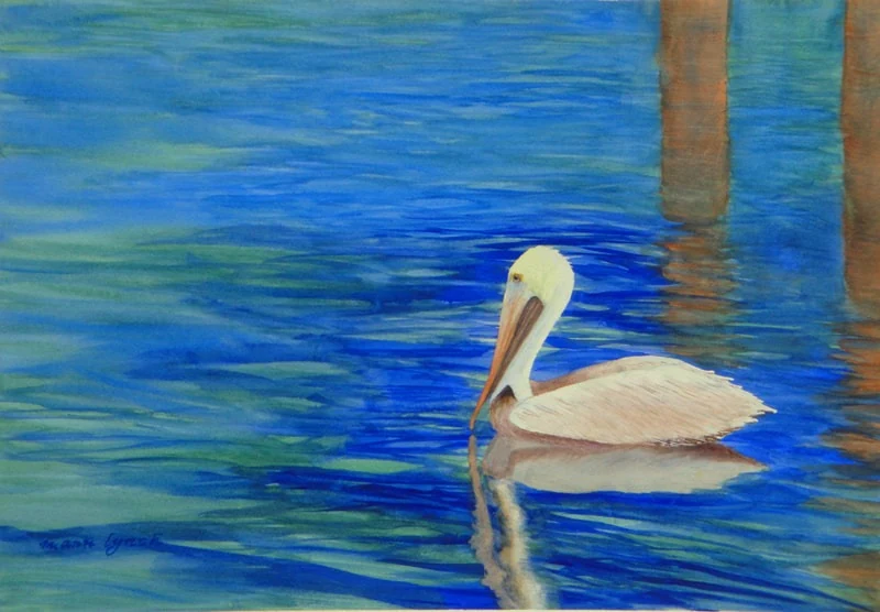 "Floating Along," watercolor, 15 x 22 in., a brown pelican on deep blue water beside dock pilings