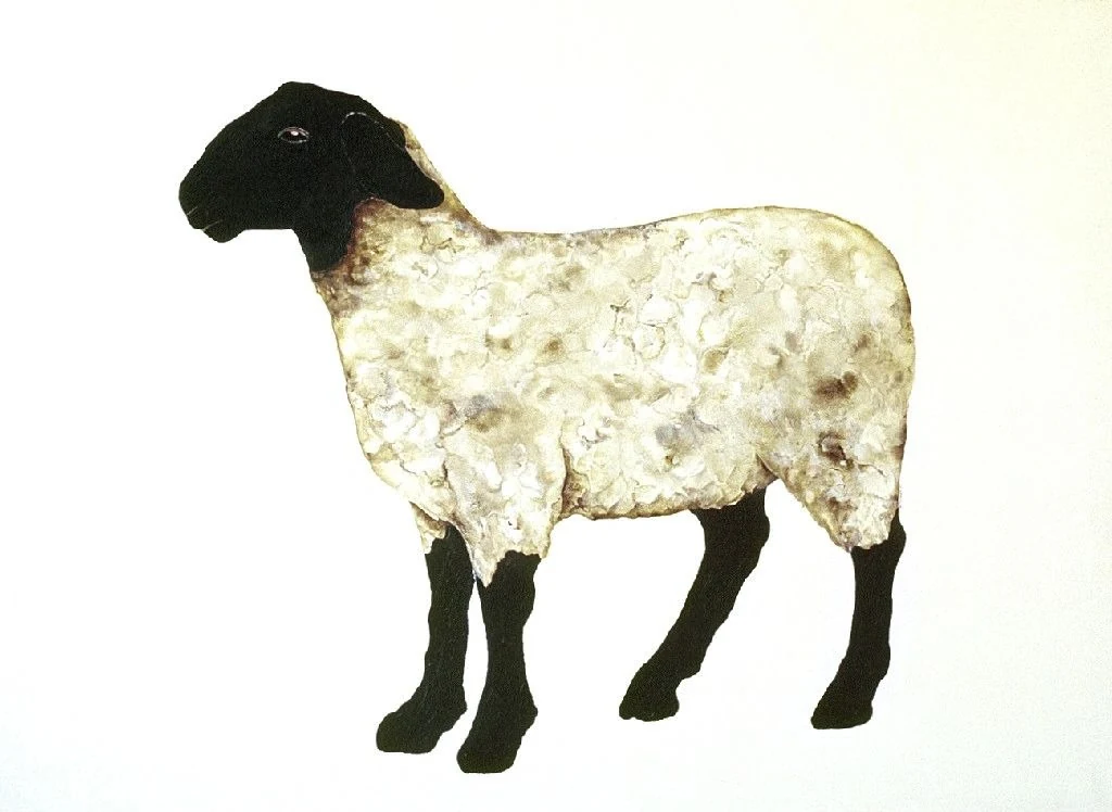 Painting of a single black-faced sheep in profile on a plain pale ground, her signature subject