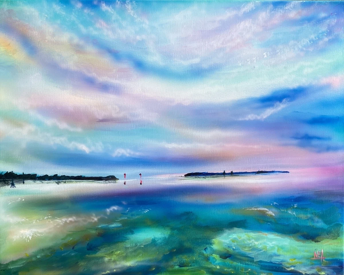 Acrylic painting of a shallow Keys flat at dusk, pink and blue sky over turquoise and green water with two small distant figures on a sandbar. Featured work on the artist's home pa