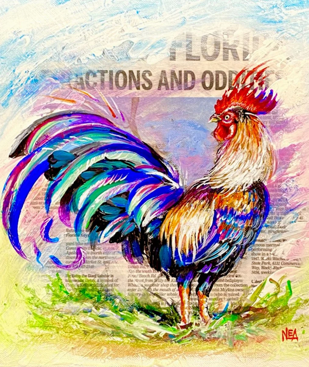 Oddities and Attractions: a Key West rooster in blue, purple and red painted over a collaged newspaper page. Mixed media, acrylic and recycled newspaper clipping.