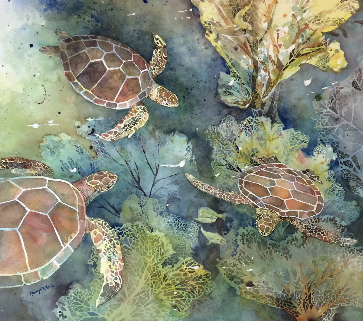 Dive Masters, a watercolor of three sea turtles swimming over a coral reef