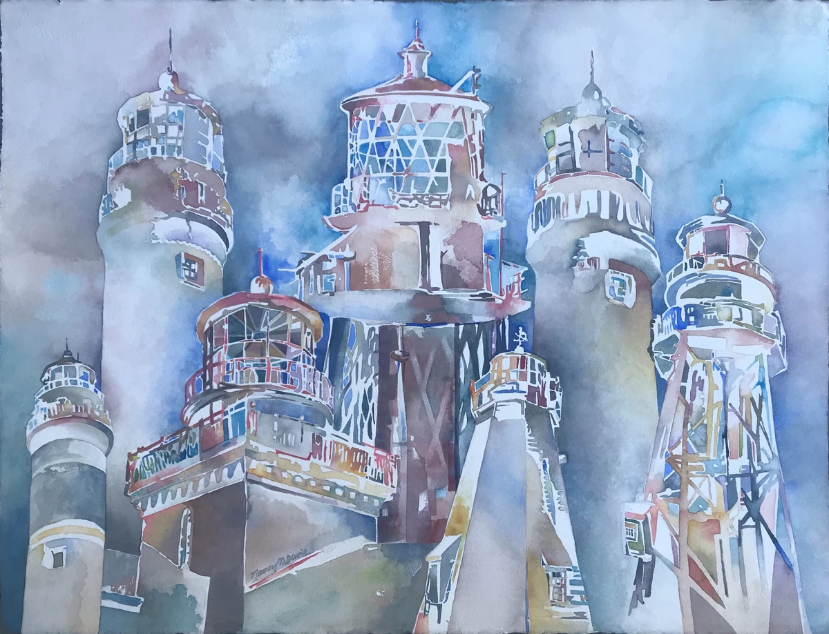 Seven Beacons, a watercolor of seven lighthouse lantern rooms and towers grouped together