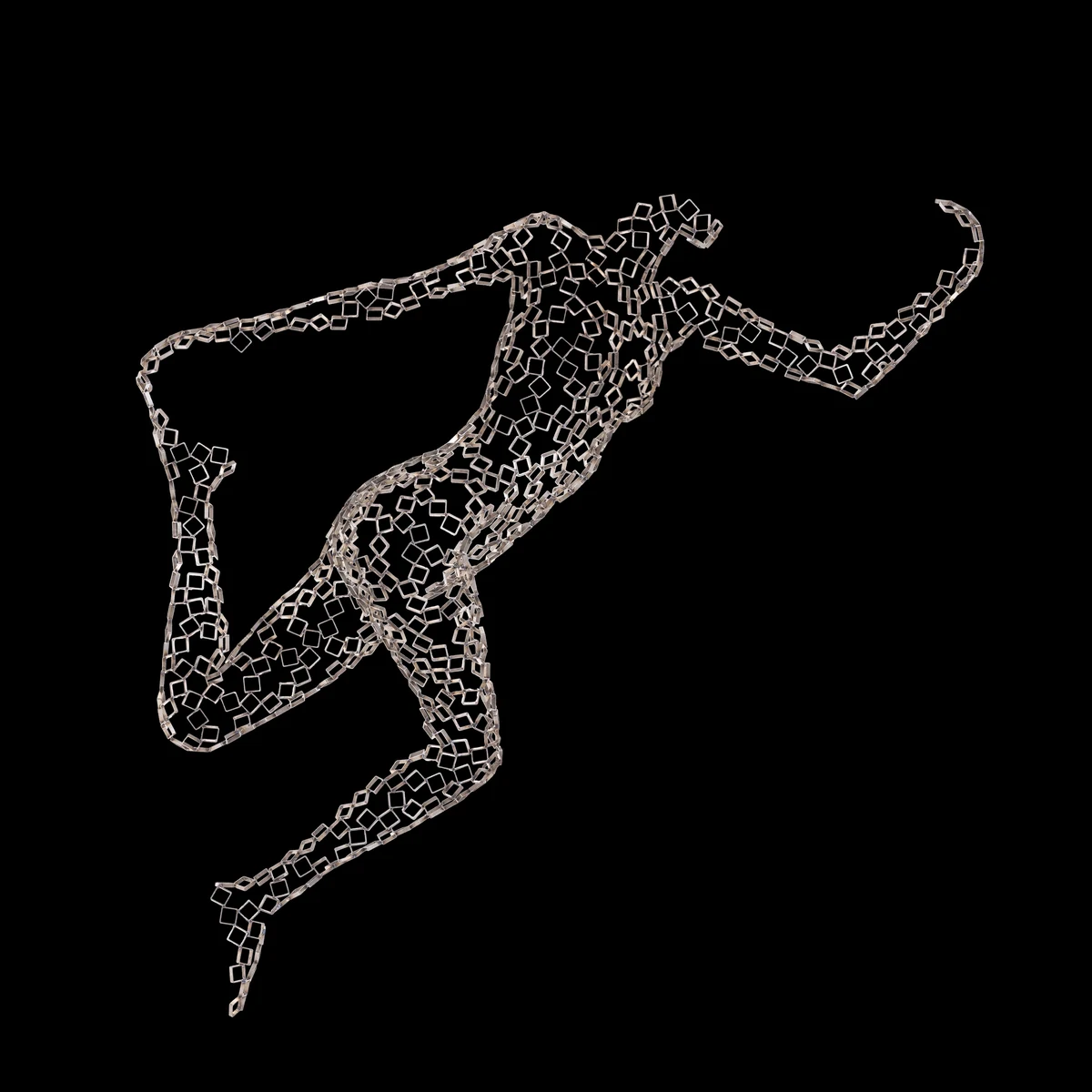Dancer Isidora (2021), a female dancer in mid-movement built from welded hollow stainless steel squares, 34 x 11 x 67 inches