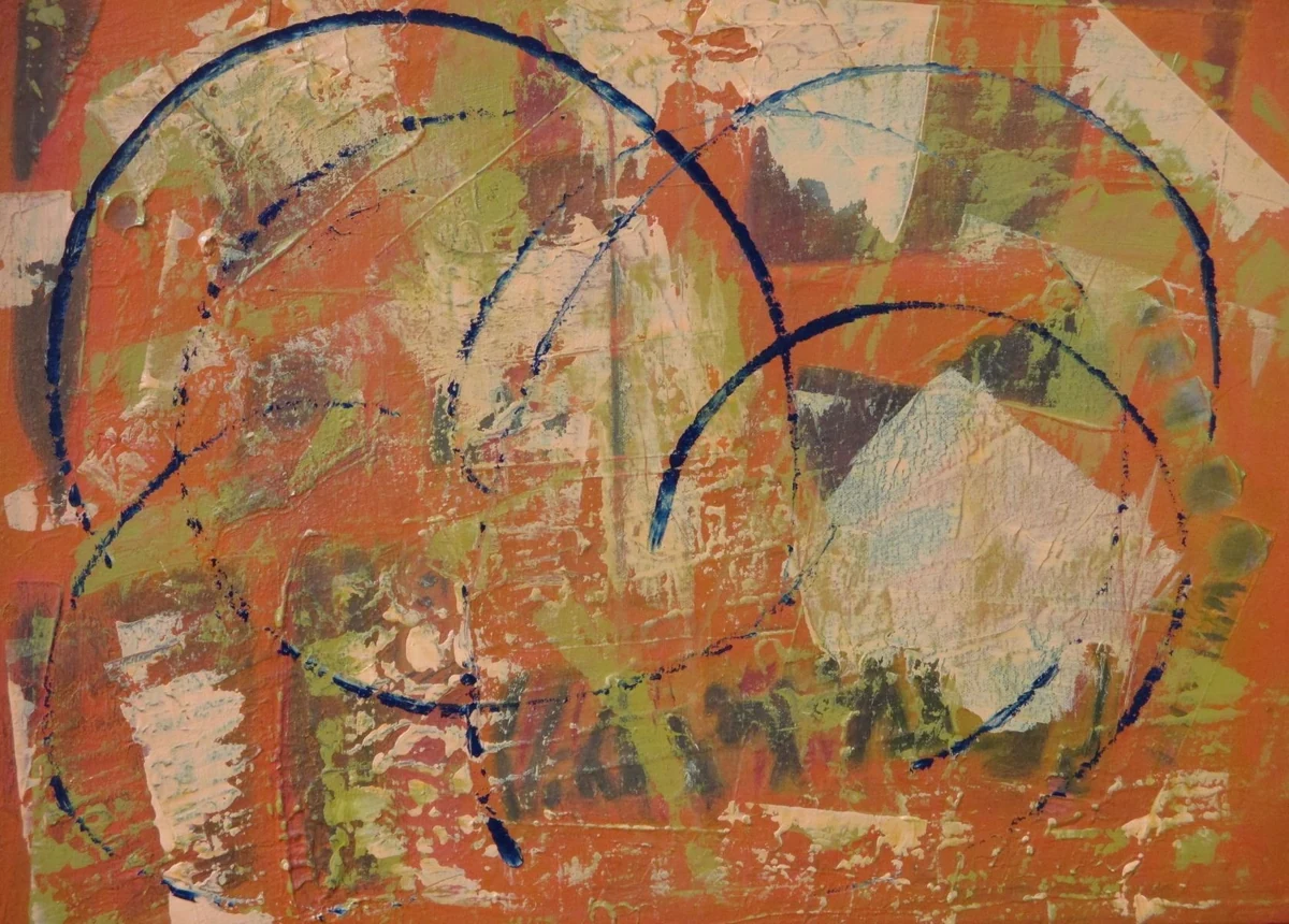 Blue collars (2015), acrylics on canvas, 24 x 20: overlapping dark blue circular strokes over an orange and pale green ground