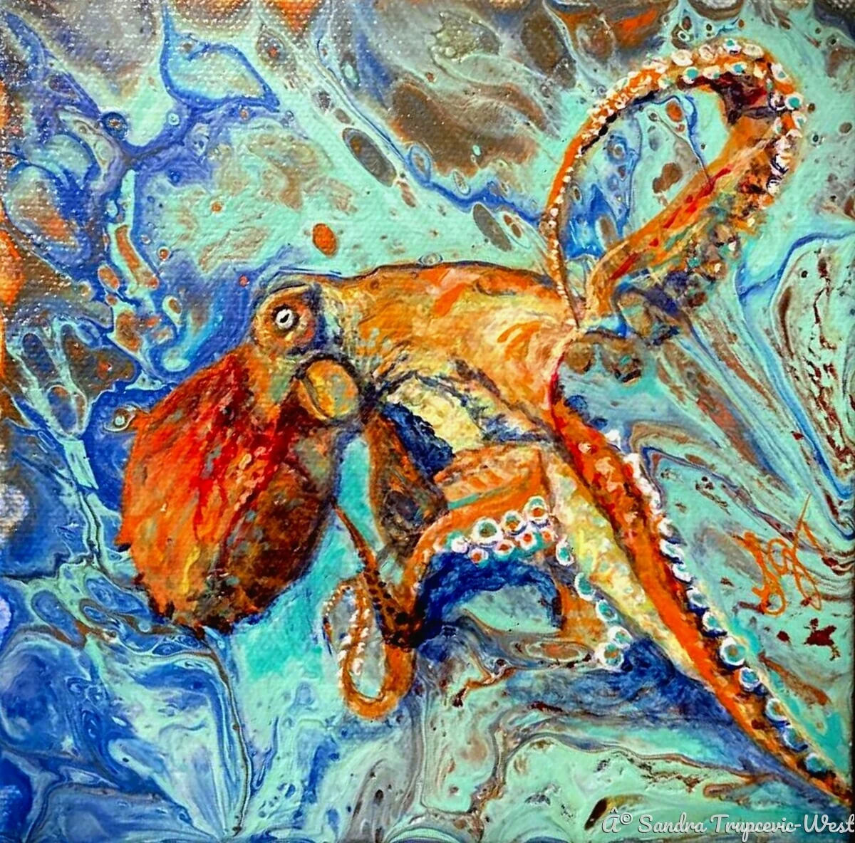 Kraken In Cognito, an orange octopus painted over a poured turquoise and blue background