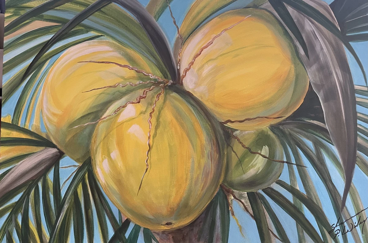 Painting of a cluster of yellow coconuts in a palm crown against blue sky, signed lower right