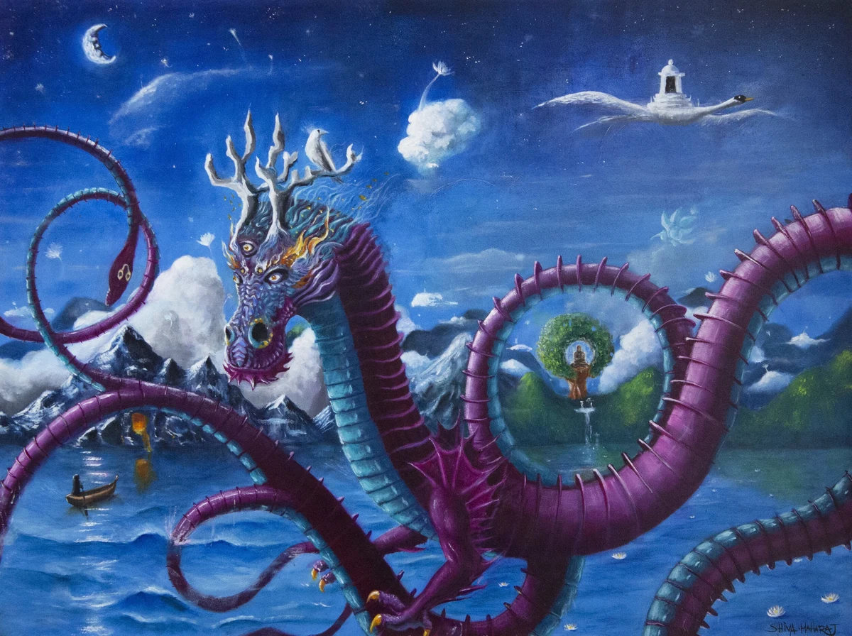 A painting of a violet antlered dragon coiling above moonlit water, with snow-capped mountains and a small boat below