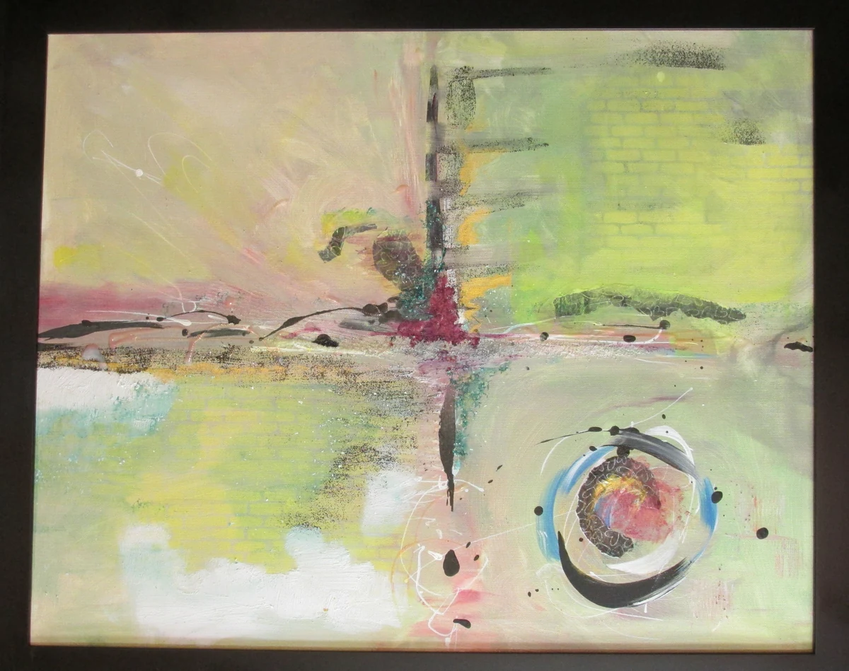 Framed abstract acrylic painting in pale green, pink and yellow, with a stencilled grid, a dark vertical gesture and a black and blue circle at lower right