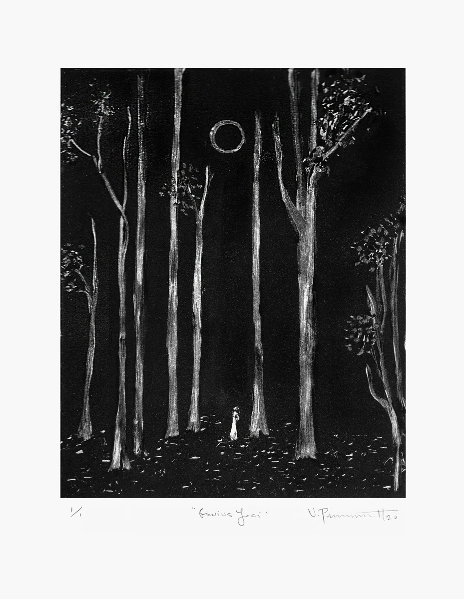 Genius Loci, dark-field monotype: bare white trees against a black ground with a ringed black sun overhead, signed and titled in pencil below the plate